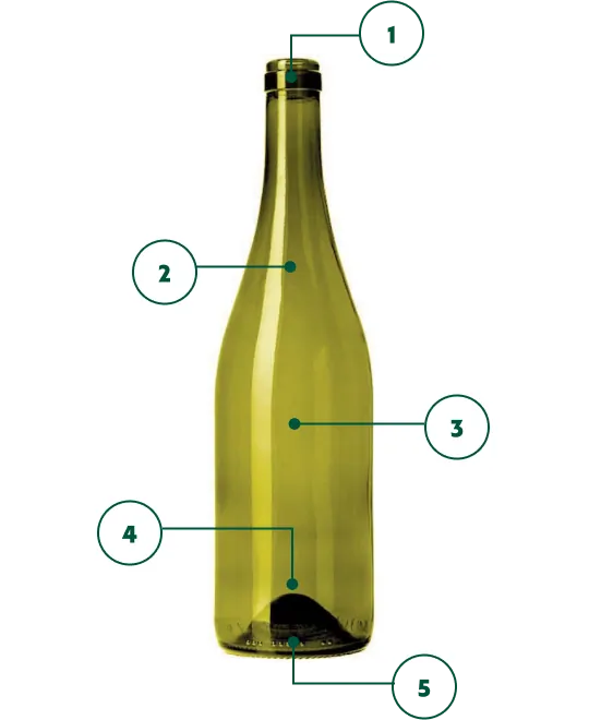 Schéma des zones personnalisables d'une bouteille en verre : bague, épaule, corps, jable, piqûre